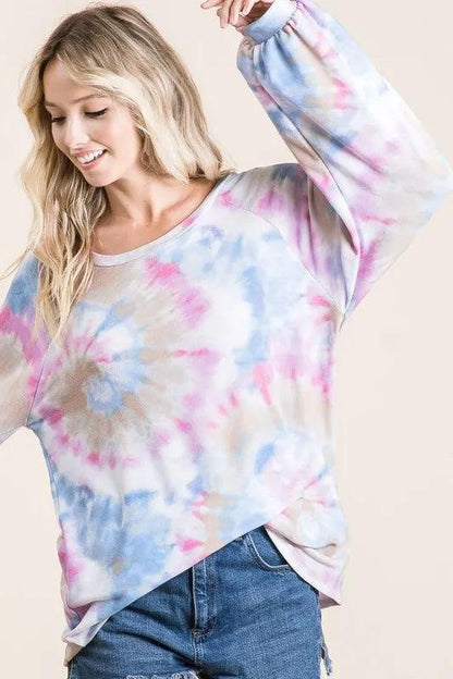 BiBi Tie Dye Print Terry Top With Puff Sleeves - Which Mark