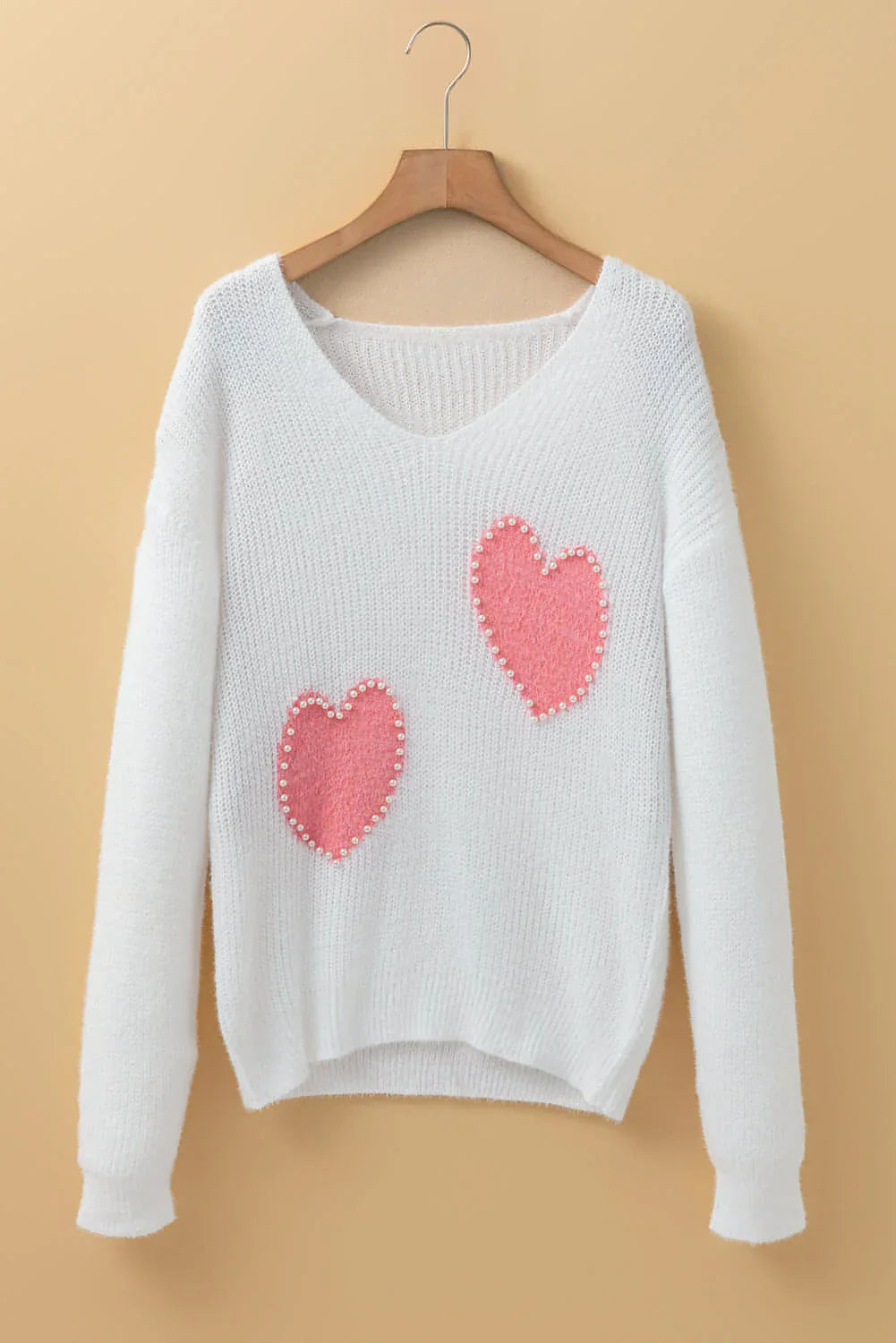 White Pearl Beaded Heart Pattern Fuzzy V Neck Sweater - Which Mark