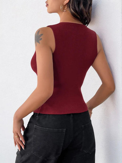 Perfee Ribbed Knot Button Cropped Tank - Which Mark