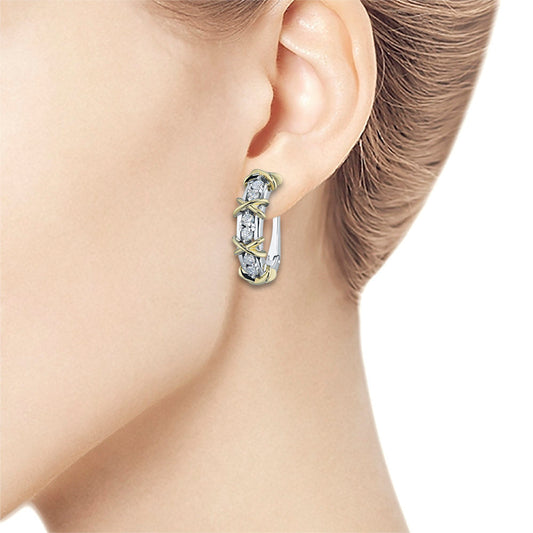14K White and Yellow Gold Earrings with 12 Round-Cut Lab-Created - Which Mark