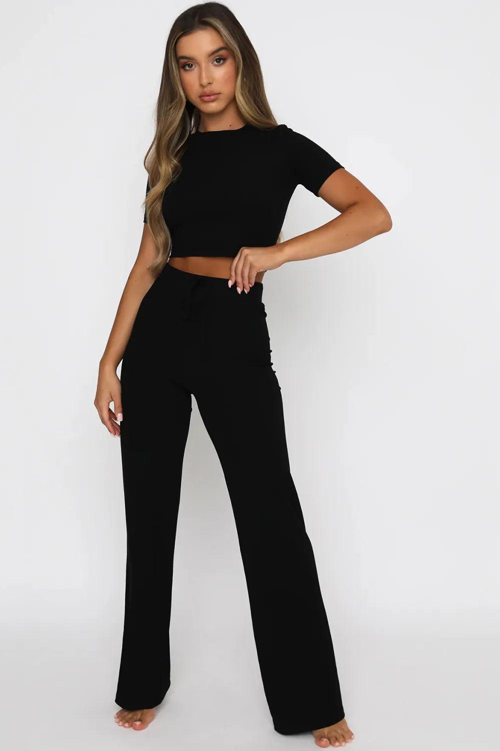Round Neck Short Sleeve Top and Pants Set - Which Mark