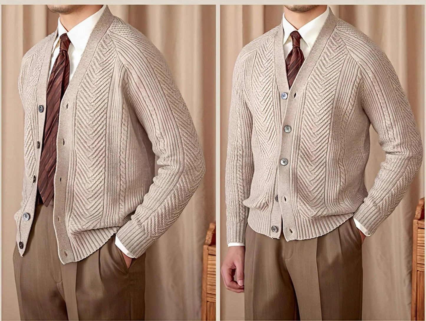 V-neck Solid Color Jacquard Knitted Cardigan Sweater Coat - Which Mark