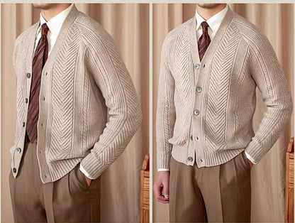 V-neck Solid Color Jacquard Knitted Cardigan Sweater Coat - Which Mark