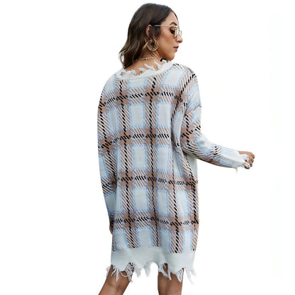 A1. Lazy Style Long Sleeve Pullover Sweater Plaid Base Knitting Dress - Which Mark