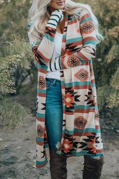 Multicolor Geometric Color Block Open Front Long Cardigan - Which Mark