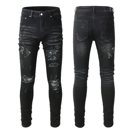 UrbanEase™ Black Cashew Flower Printed Patch Torn Jeans For Men - Which Mark