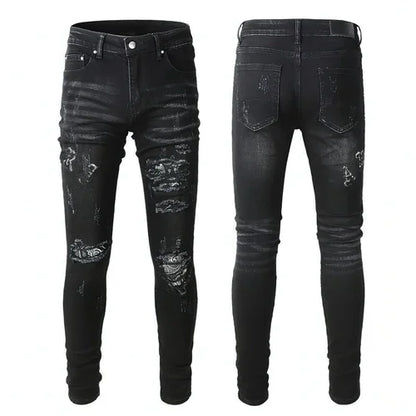 UrbanEase™ Black Cashew Flower Printed Patch Torn Jeans For Men - Which Mark