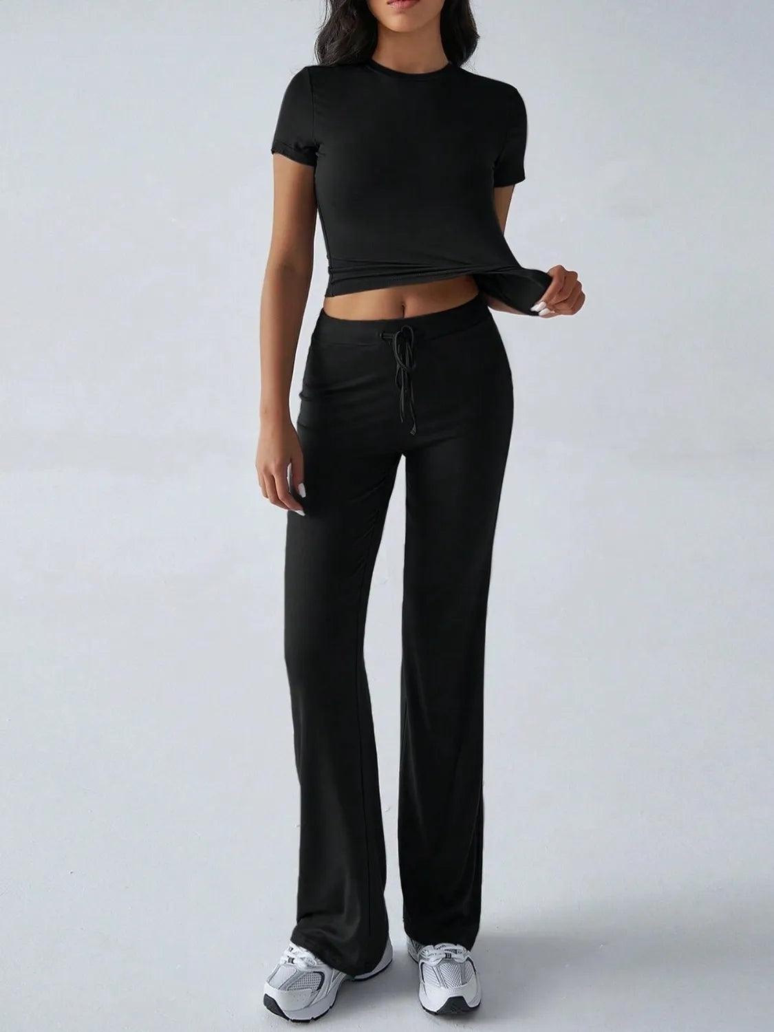 Round Neck Short Sleeve Top and Pants Set - Which Mark