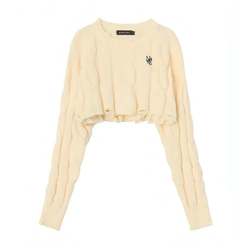 Short Long Sleeve Lazy Wind Pullover Knit Sweater Spice Girl Crew Neck - Which Mark