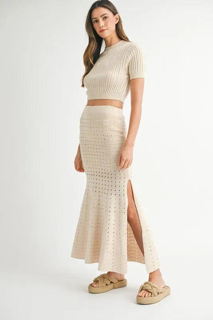 MABLE Pointelle Short Sleeve Crop Top and Slit Skirt Sweater Set - Which Mark