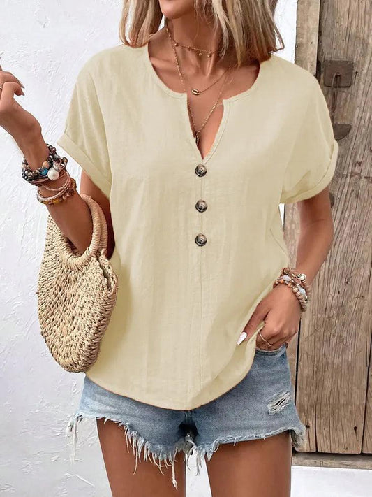 Full Size Notched Short Sleeve Top Plus Size - Which Mark