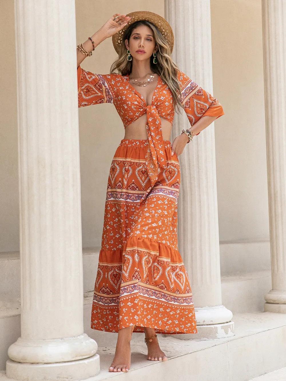 Printed Plunge Half Sleeve Top and Skirt Set - Which Mark