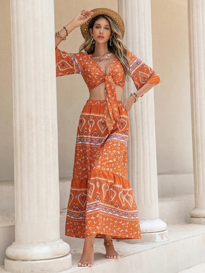 Printed Plunge Half Sleeve Top and Skirt Set - Which Mark