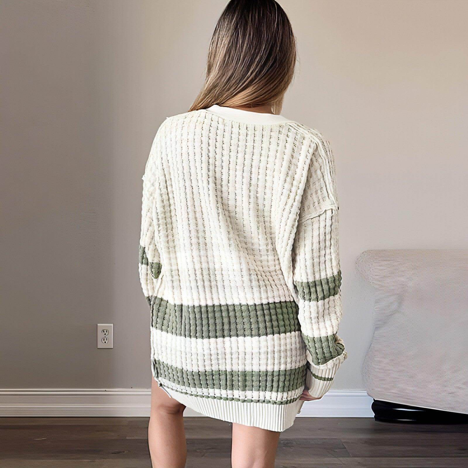 Women's Color Matching Long-sleeved Cardigan Loose Sweater - Which Mark