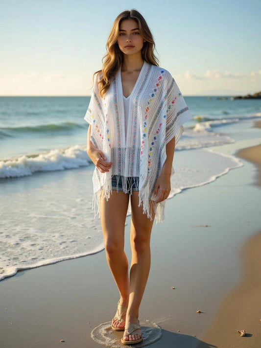 Openwork Fringe Open Front Knit Cape - Which Mark