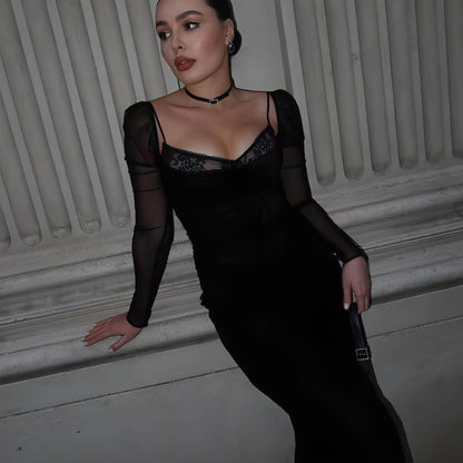 Women's Black With Fishbone Braces Long Sleeve Tight Dress - Which Mark