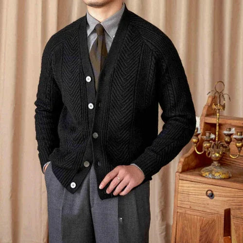 V-neck Solid Color Jacquard Knitted Cardigan Sweater Coat - Which Mark