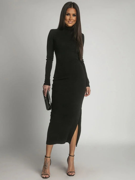 Cotton fitted maxi dress with a turtleneck, black FG680 - Which Mark