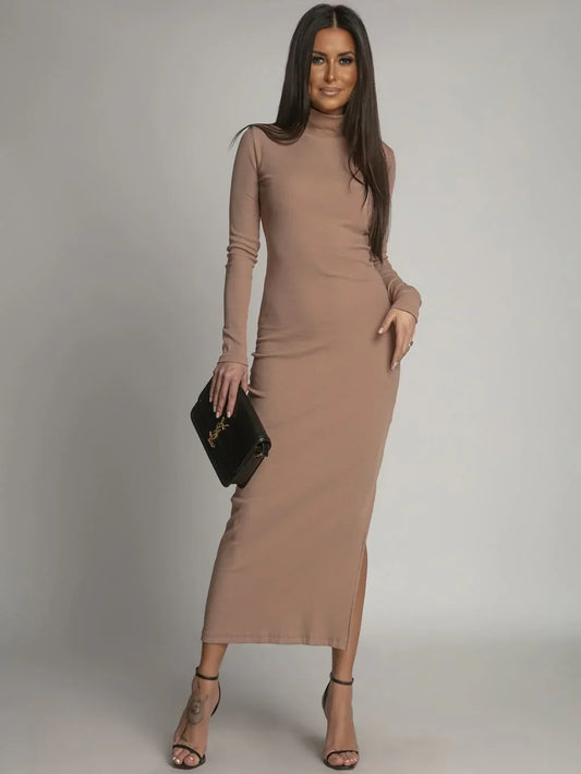 Cotton fitted maxi dress with cappuccino turtleneck FG680 - Which Mark