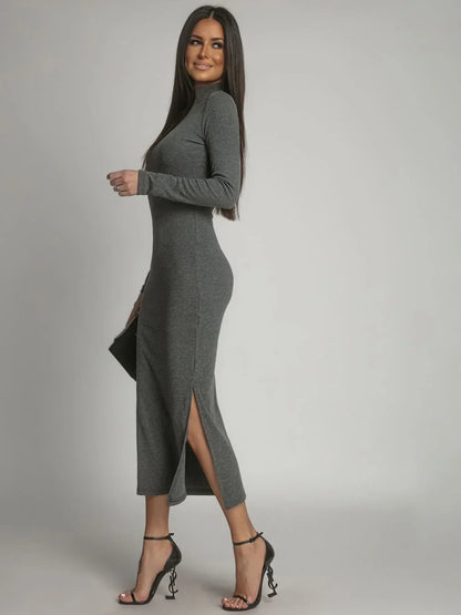 Cotton fitted maxi dress with a turtleneck, graphite FG680 - Which Mark