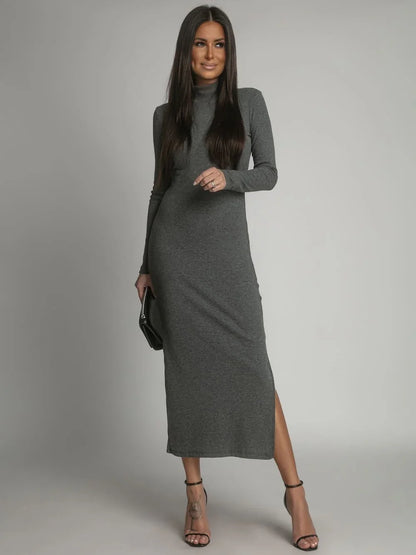 Cotton fitted maxi dress with a turtleneck, graphite FG680 - Which Mark