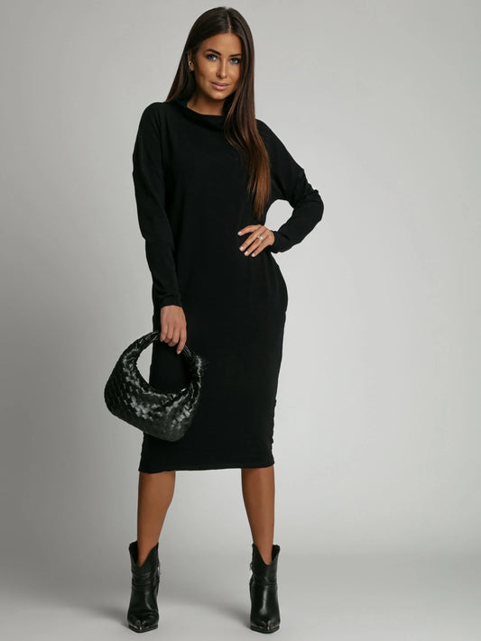 Loose dress with a turtleneck and pockets, navy blue FI720 - Which Mark