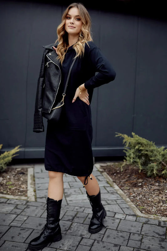 Basic dress with a pocket and ties, navy blue FI723 - Which Mark