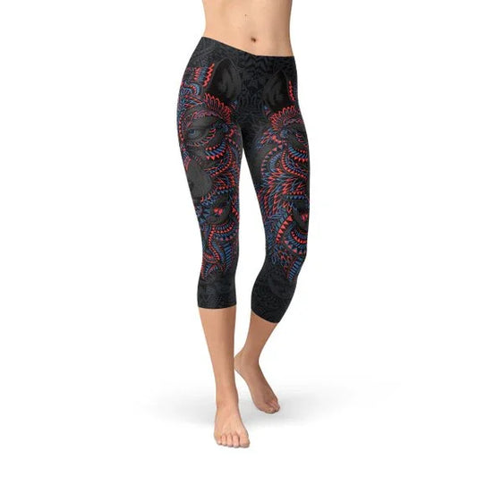 Womens Oriental Black Wolf Capri Leggings - Which Mark