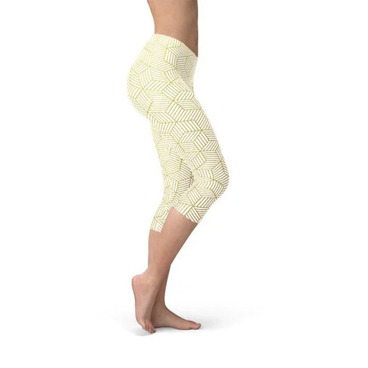 Womens White Capri Leggings w/ Geometric Cubes - Which Mark