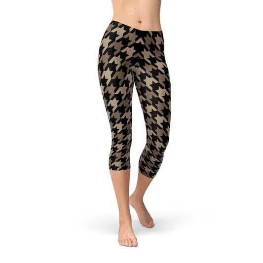 Womens Beige Brown Houndstooth Capri Leggings - Which Mark