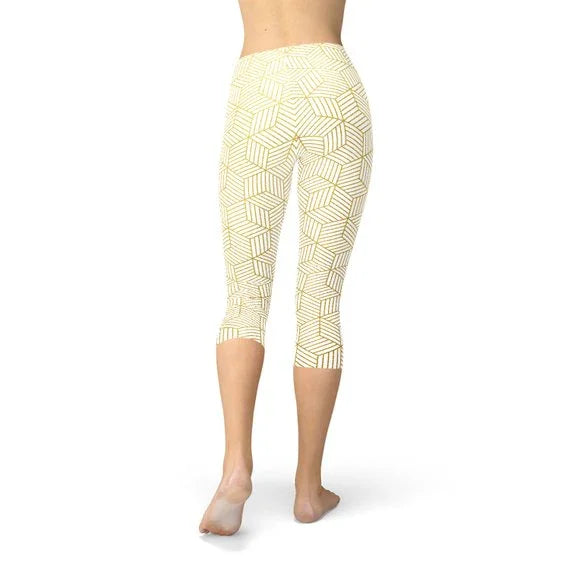 Womens White Capri Leggings w/ Geometric Cubes - Which Mark