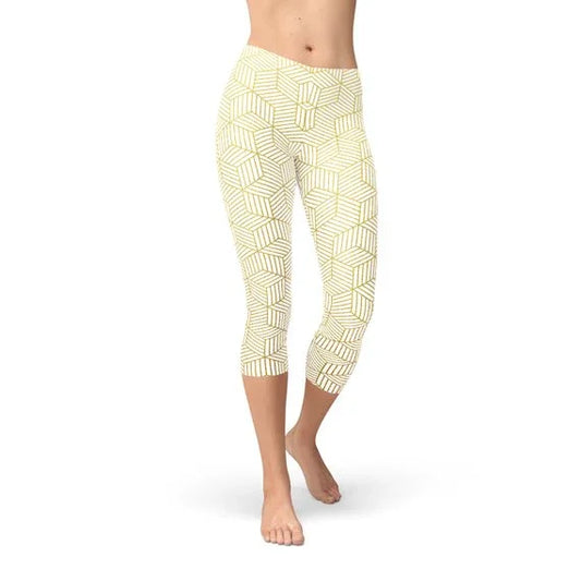 Womens White Capri Leggings w/ Geometric Cubes - Which Mark