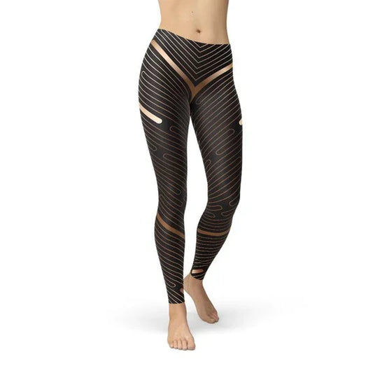 Womens Striped Lines Sports Brown Leggings - Which Mark