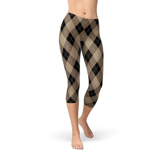 Womens Beige Brown Argyle Capri Leggings - Which Mark