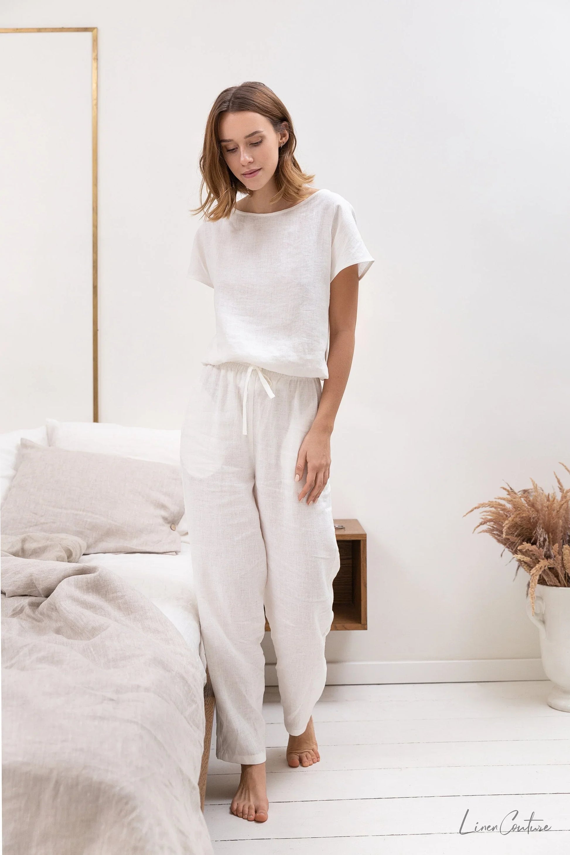 White linen / Natural Linen Pajama set / Linen loungewear / Linen - Which Mark