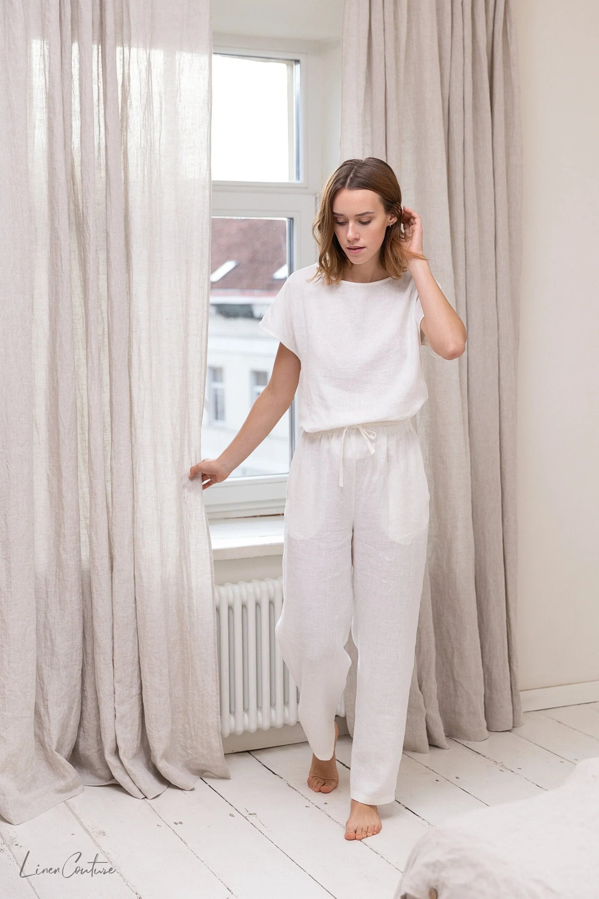 White linen / Natural Linen Pajama set / Linen loungewear / Linen - Which Mark