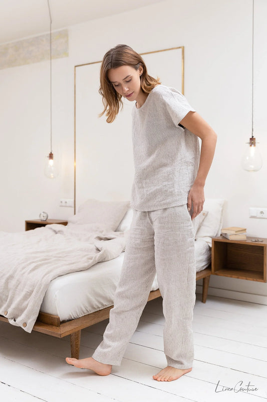 Striped Beige linen / Natural Linen Pajama set / Linen loungewear / - Which Mark