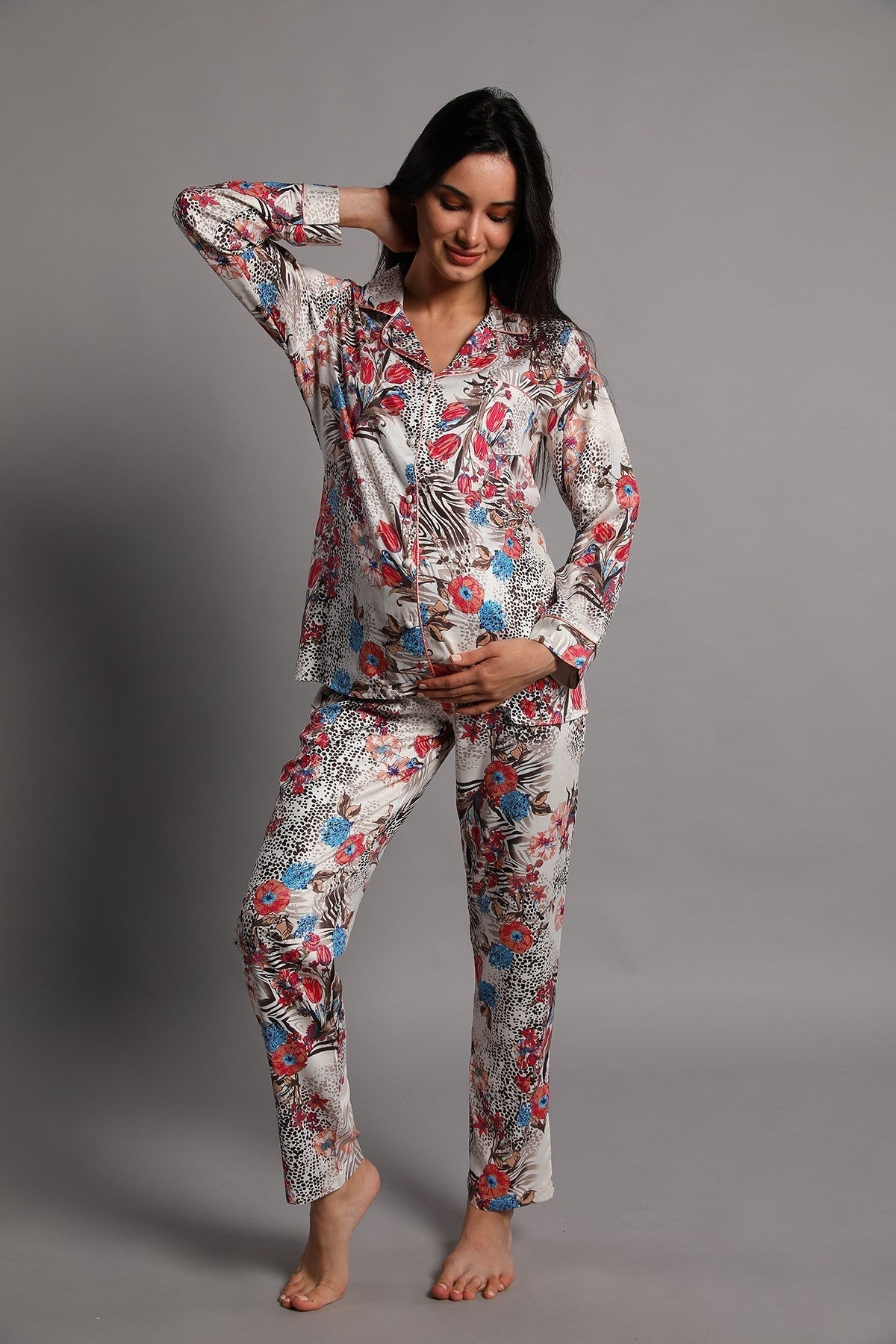 Shopymommy 5248 Jasminlong Front Button Maternity & Nursing Pajamas - Which Mark