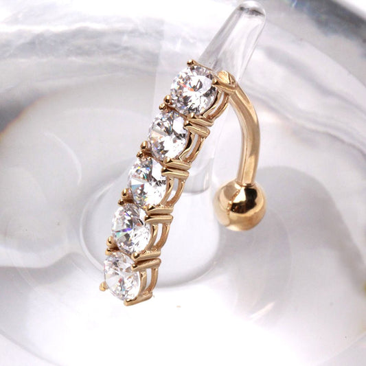 14Kt Yellow Gold Navel Ring with Top Down 5 Round Gems - Which Mark