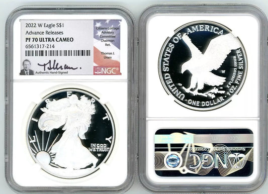 2022 W PROOF SILVER EAGLE NGC PF70 ADVANCE RELEASES THOMAS URAM SIGNED - Which Mark